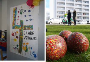 Ein Foto zeigt ein Plakat mit einer großen gemalten Vier. Das Foto daneben zeigt zwei Personen bei einer Ansprache anlässlich einer Feier.