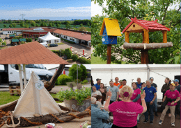 Eine Bildercollage zeigt vier Fotos des Hoffestes: eine Luftaufnahme des Geländes, ein Vogelhaus, ein Stoffschiff und den Auftritt des Gute Laune Chors.