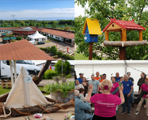 Eine Bildercollage zeigt vier Fotos des Hoffestes: eine Luftaufnahme des Geländes, ein Vogelhaus, ein Stoffschiff und den Auftritt des Gute Laune Chors.
