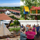 Eine Bildercollage zeigt vier Fotos des Hoffestes: eine Luftaufnahme des Geländes, ein Vogelhaus, ein Stoffschiff und den Auftritt des Gute Laune Chors.