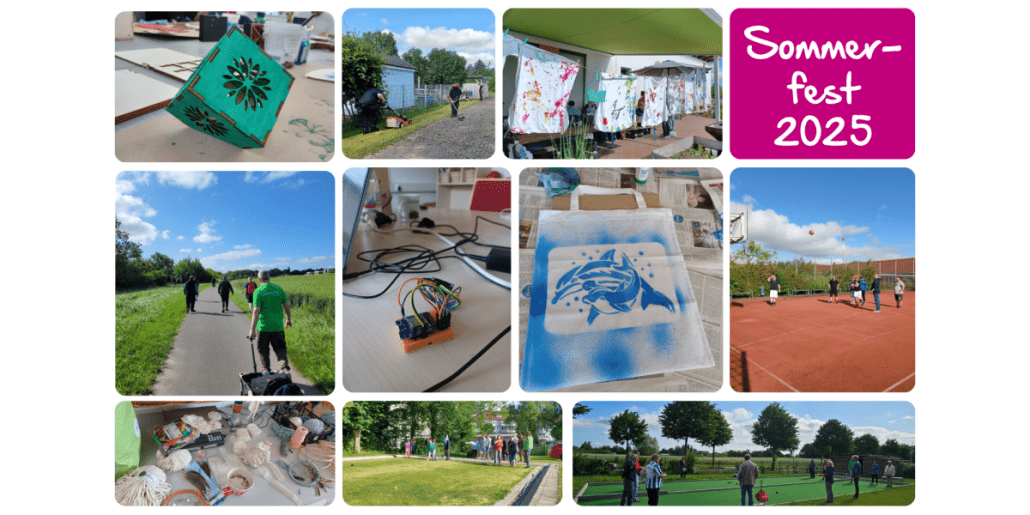Eine Fotocollage zeigt 10 Bilder, die beim Sommerfest der Stralsunder Werkstätten im Jahr 2025 entstanden sind.
