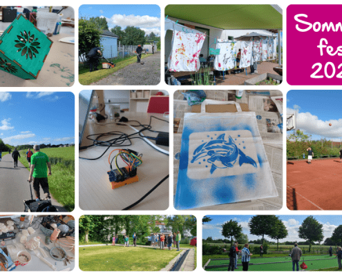 Eine Fotocollage zeigt 10 Bilder, die beim Sommerfest der Stralsunder Werkstätten im Jahr 2025 entstanden sind.