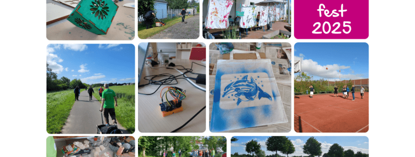 Eine Fotocollage zeigt 10 Bilder, die beim Sommerfest der Stralsunder Werkstätten im Jahr 2025 entstanden sind.