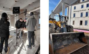 Eine Fotocollage zeigt Dreharbeiten in der Baustelle der Stralsunder Werkstätten. Vor dem Gebäude steht ein großes Baufahrzeug.
