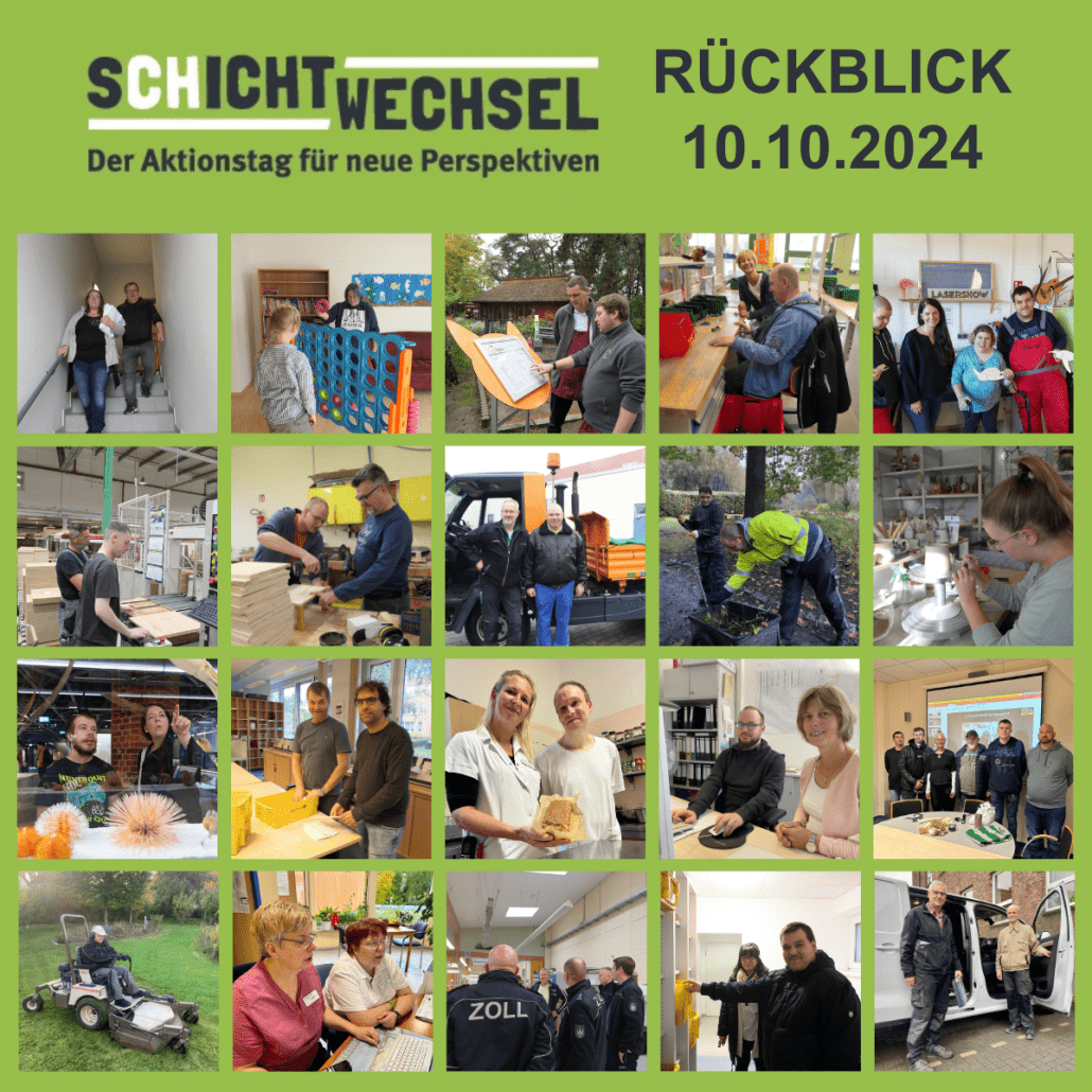 Eine Fotocollage zeigt 20 Bilder, die beim Aktionstag Schichtwechsel der Stralsunder Werkstätten im Jahr 2024 entstanden sind.