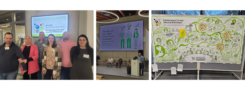 Eine Fotocollage aus drei Bildern. Zusehen ist eine Gruppe der Stralsunder Werkstätten, ein Vortragender und eine Ideensammlung zum inklusiven Netzwerktreffen.