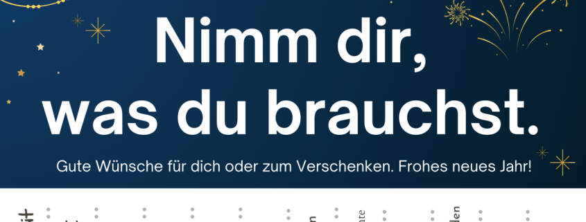 Ein Plakat mit Abreißzetteln, auf denen Wünsche zum neuen Jahr vermerkt sind.
