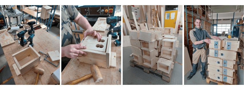 In der Fotocollage sind einige Arbeitsschritte der Herstellung eines Nistkastens zu sehen.