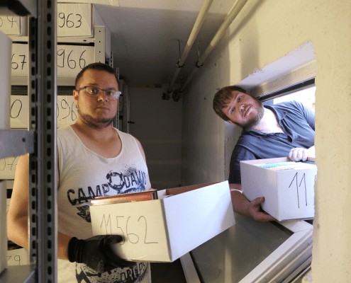 Zwei Personen haben Bücherkisten in den Händen. Eine Person schaut dabei durch ein Fenster.