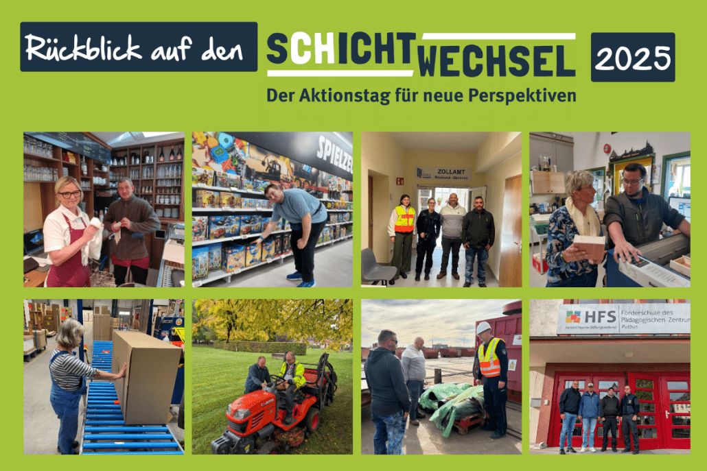 Eine Collage aus acht Bildern, die den Aktionstag Schichtwechsel in den Stralsunder Werkstätten im Jahr 2025 zeigen.