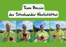 Vier Personen zeigen ihre Bocciakugeln. Das sind die Mitglieder des Teams Boccia der Stralsunder Werkstätten.