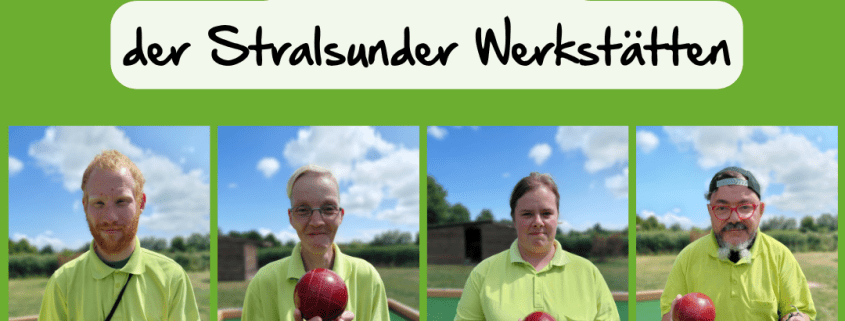 Vier Personen zeigen ihre Bocciakugeln. Das sind die Mitglieder des Teams Boccia der Stralsunder Werkstätten.