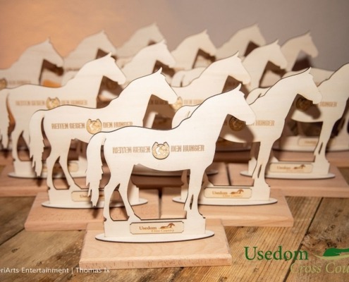 mehrere Holzpokale in Pferdeform für die Veranstaltung Usedom Cross Country
