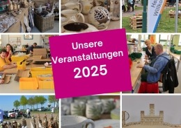 Viele Fotos der Stralsunder Werkstätten als Collage, davor ein Hinweisschild auf dem steht " Unsere Veranstaltungen 2025.