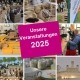 Viele Fotos der Stralsunder Werkstätten als Collage, davor ein Hinweisschild auf dem steht " Unsere Veranstaltungen 2025.